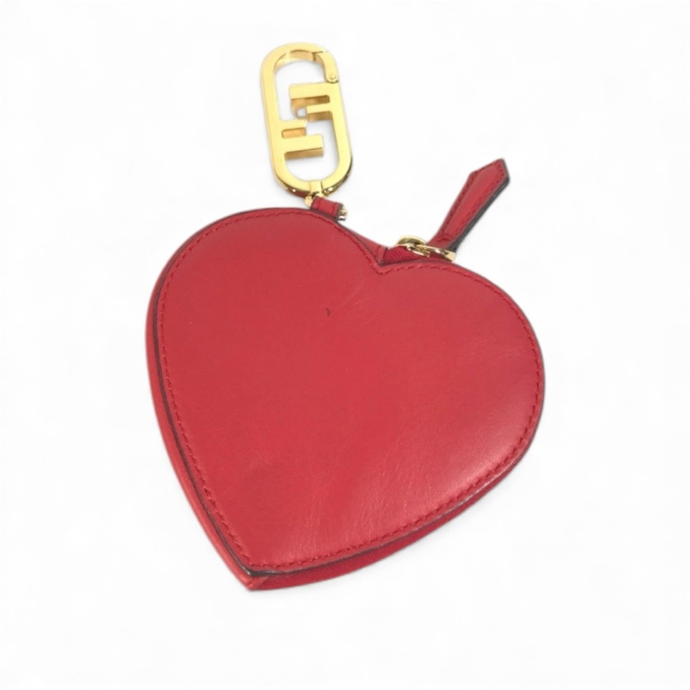 Fendi Red Heart Leather Coin Pouch Bag Charm with Gold FF Clip